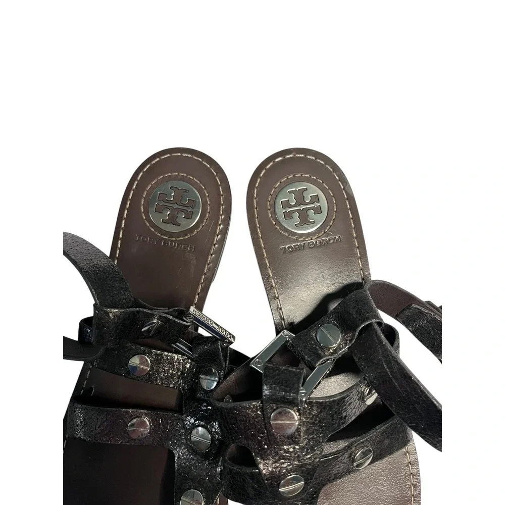 Tory Burch Metallic Pewter Leather Studded Gladiator Thong Sandals Womens 9M